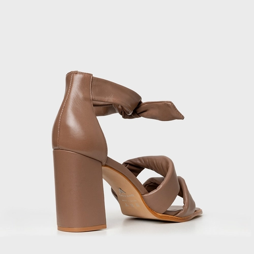 Sandália Twist Lace Knot Salto Bloco Alto Couro Marrom Mocha