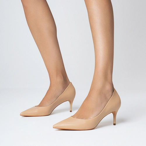 Scarpin Valentina Salto Fino Couro Bege Ginger