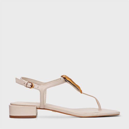 Sandália Gold Salto Bloco Couro Off White Cotton