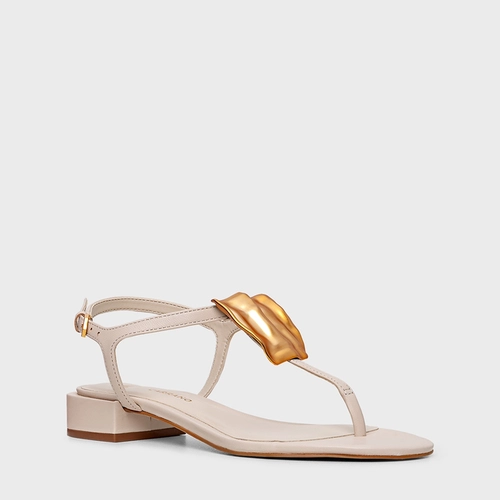 Sandália Gold Salto Bloco Couro Off White Cotton