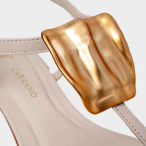 Sandália Gold Salto Bloco Couro Off White Cotton