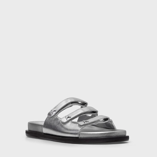 Flat Papete Triple Tiras Couro Metalizado Prata