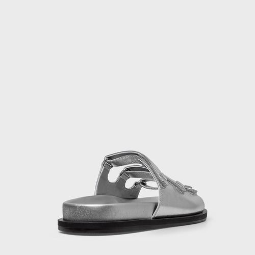 Flat Papete Triple Tiras Couro Metalizado Prata