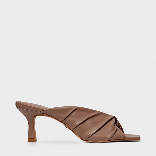 Open Mule Twist Salto Fino Couro Marrom Mocha