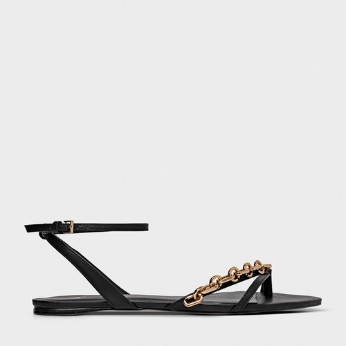 Sandália Flat Chain Bico Folha Couro Preto