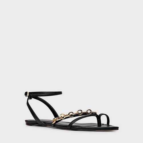 Sandália Flat Chain Bico Folha Couro Preto