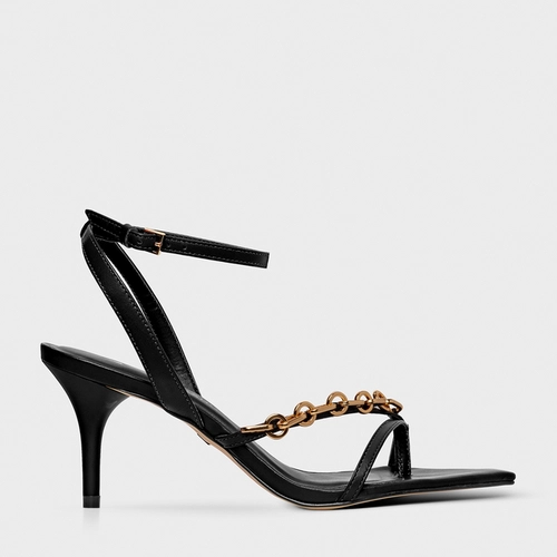 Sandália Chain Bico Folha Salto Fino Couro Preto