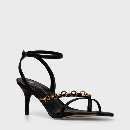 Sandália Chain Bico Folha Salto Fino Couro Preto