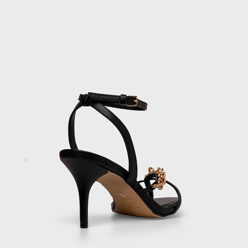 Sandália Chain Bico Folha Salto Fino Couro Preto