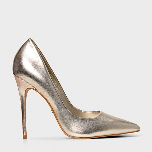 Scarpin Loretta Salto Fino Couro Metalizado Champagne