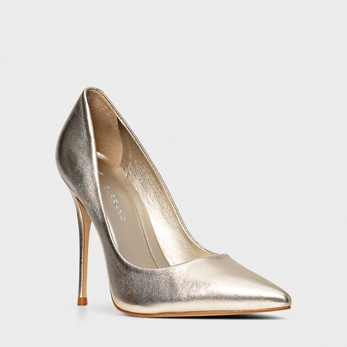 Scarpin Loretta Salto Fino Couro Metalizado Champagne