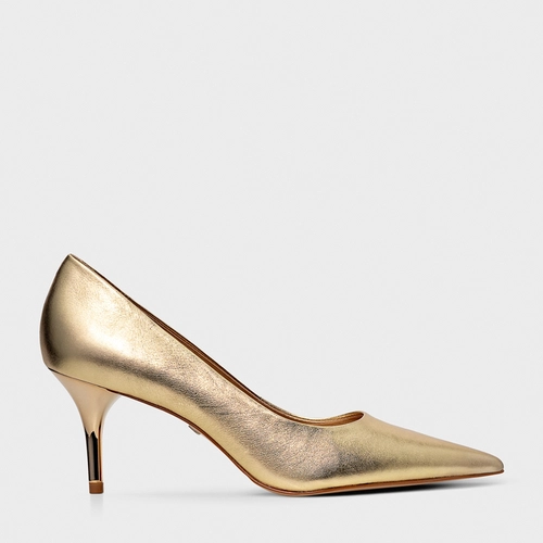 Scarpin Timeless Salto Fino Couro Metalizado Dourado