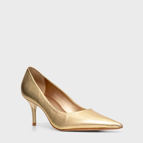 Scarpin Timeless Salto Fino Couro Metalizado Dourado