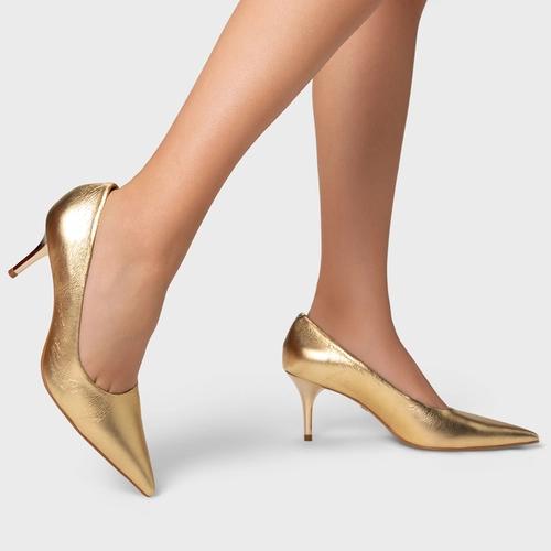 Scarpin Timeless Salto Fino Couro Metalizado Dourado