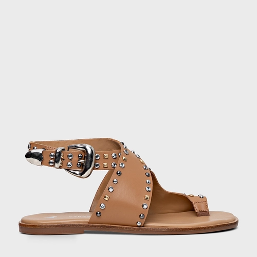 Sandália Flat Studs Curve Couro Bege Cookie