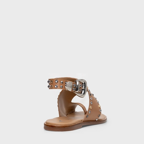 Sandália Flat Studs Curve Couro Bege Cookie