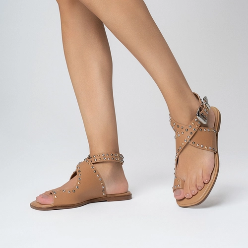 Sandália Flat Studs Curve Couro Bege Cookie
