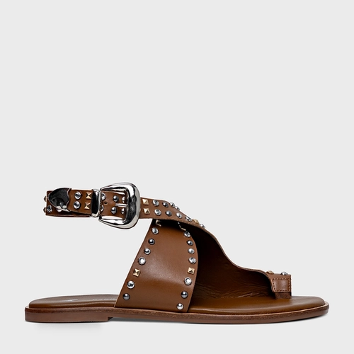 Sandália Flat Studs Curve Couro Marrom Saddle