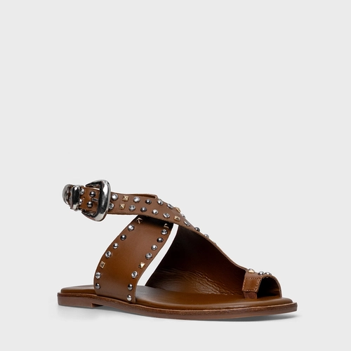 Sandália Flat Studs Curve Couro Marrom Saddle