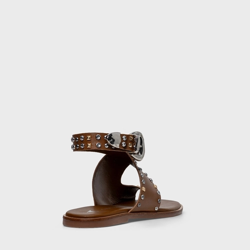 Sandália Flat Studs Curve Couro Marrom Saddle