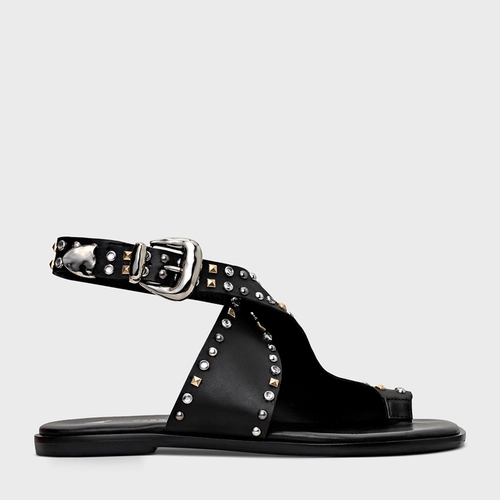 Sandália Flat Studs Curve Couro Preto