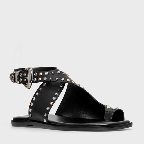 Sandália Flat Studs Curve Couro Preto