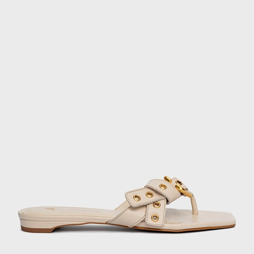 Flat Thong Ilhós Knot Couro Off White Cotton