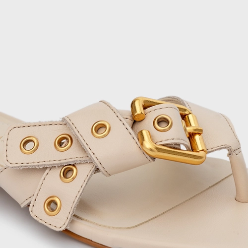 Flat Thong Ilhós Knot Couro Off White Cotton