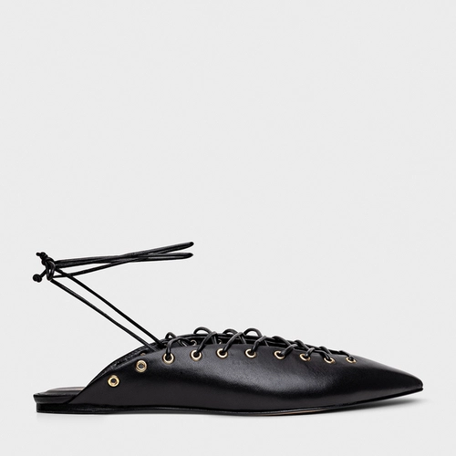 Sapatilha Slingback Strips Lace Up Couro Preto