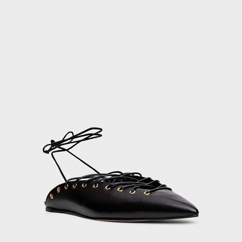 Sapatilha Slingback Strips Lace Up Couro Preto