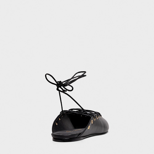Sapatilha Slingback Strips Lace Up Couro Preto