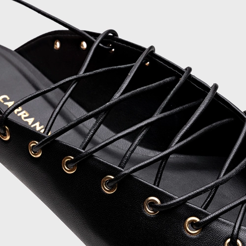 Sapatilha Slingback Strips Lace Up Couro Preto