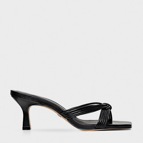 Open Mule Fine Strips Salto Fino Couro Preto