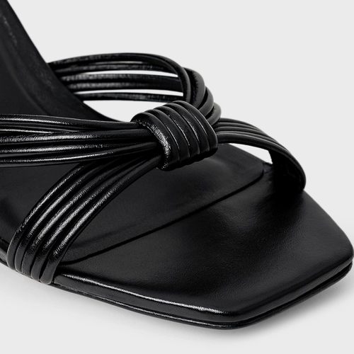 Open Mule Fine Strips Salto Fino Couro Preto