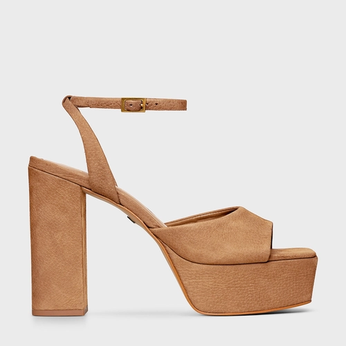 Sandália Plataforma Basic Couro Nobuck Bege Toffee