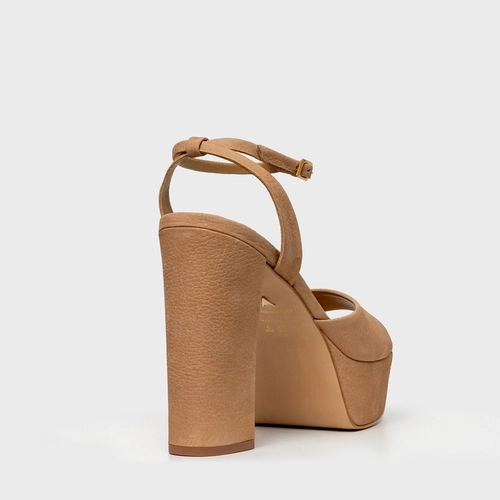 Sandália Plataforma Basic Couro Nobuck Bege Toffee