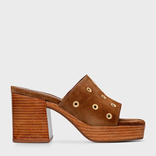 Open Mule Plataforma Mini Ilhós Couro Suede Marrom Saddle