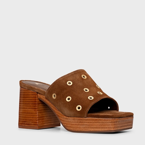 Open Mule Plataforma Mini Ilhós Couro Suede Marrom Saddle