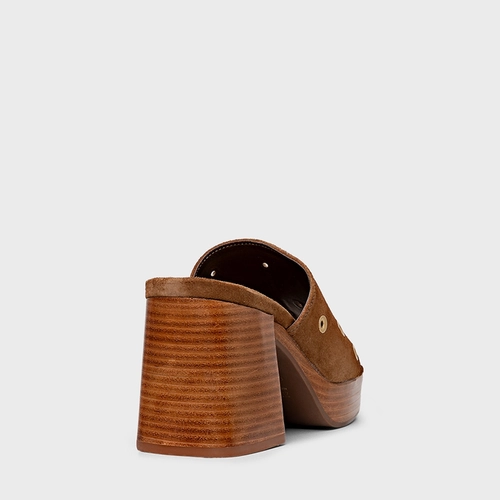 Open Mule Plataforma Mini Ilhós Couro Suede Marrom Saddle