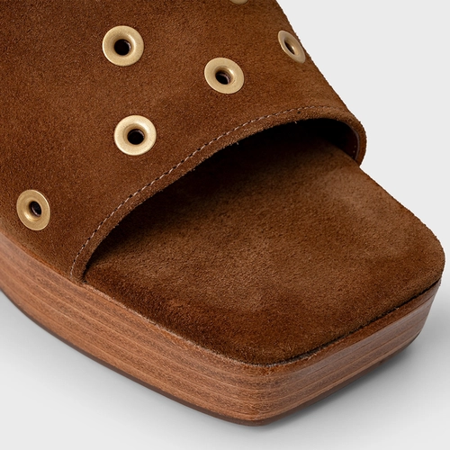 Open Mule Plataforma Mini Ilhós Couro Suede Marrom Saddle