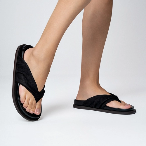 Flat Thong Papete Ripple Couro Nobuck Preto