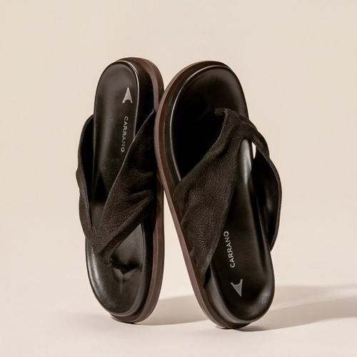 Flat Thong Papete Ripple Couro Nobuck Preto