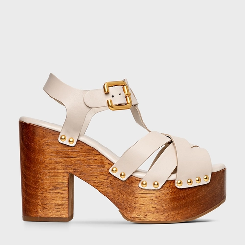 Sandália Plataforma Tiras Wood Studs Couro Off White Cotton