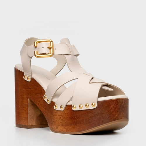 Sandália Plataforma Tiras Wood Studs Couro Off White Cotton