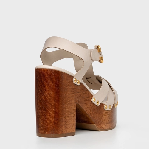 Sandália Plataforma Tiras Wood Studs Couro Off White Cotton