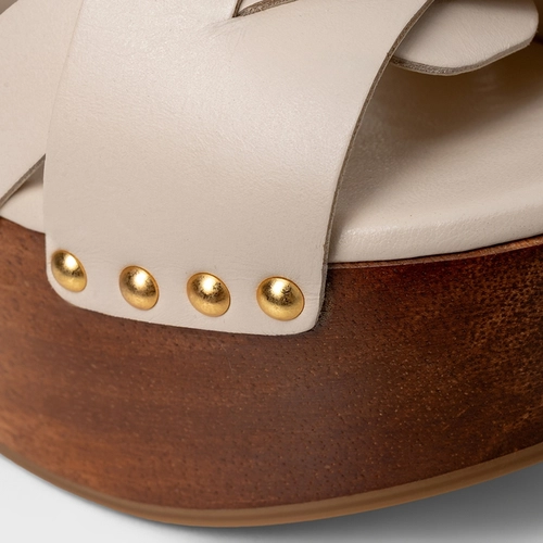 Sandália Plataforma Tiras Wood Studs Couro Off White Cotton