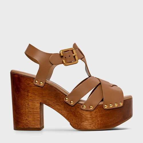 Sandália Plataforma Tiras Wood Studs Couro Bege Cookie