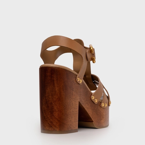 Sandália Plataforma Tiras Wood Studs Couro Bege Cookie