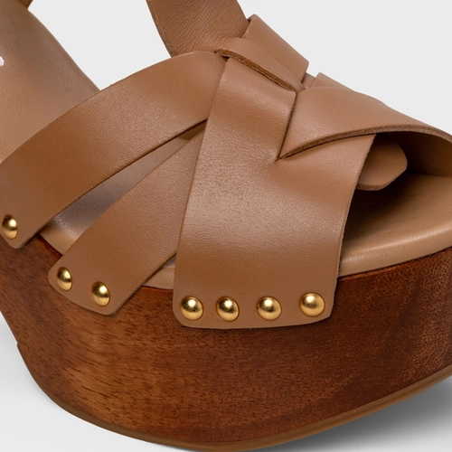 Sandália Plataforma Tiras Wood Studs Couro Bege Cookie