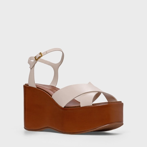 Sandália Tiras Cruzadas Maxi Anabela Couro Off White Cotton